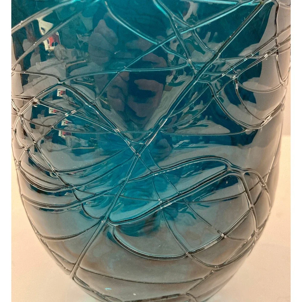Vintage Hand Blown Threaded Thick Art Glass Vase 8.5